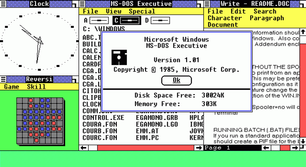 Slik så Windows ut for 30 år siden. Dette er riktignok versjon 1.01, som var den første utgaven som faktisk kom i salg.