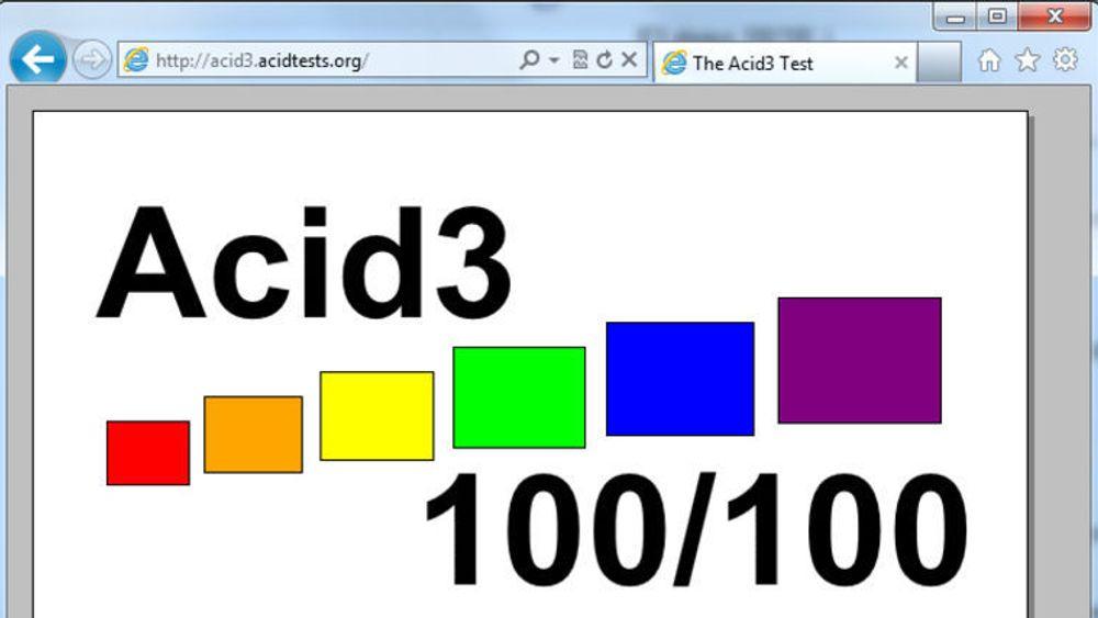 Alle de vanligste nettleserne, også Internet Explorer 9, greier nå 100 av 100 mulige poeng i Acid3-testen.