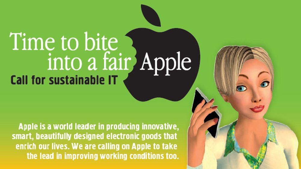Detalj fra kampanjeplakaten til Make IT Fair. Hensikten er å få Apple til å gi også produksjonsarbeiderne i Kina en rettmessig bit av eplet.