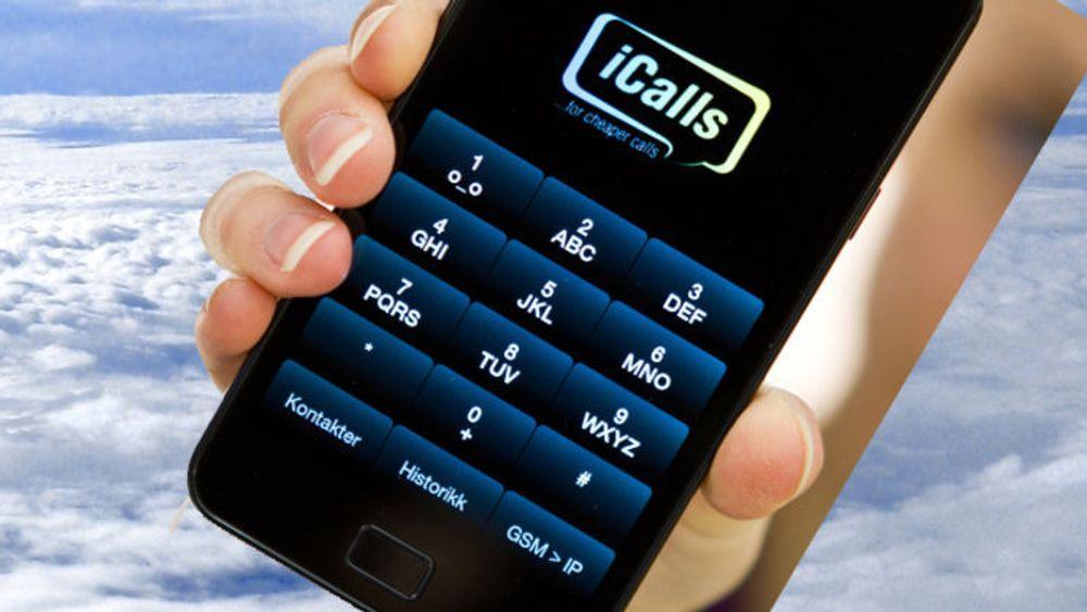 iCalls-app på Android-mobil: Trykk på «kontakter» gir adgang til mobilens kontaktliste. Knappen «GSM>IP» brukes når man vil at innkommende mobilsamtaler viderekoples til det faste nummeret brukeren har fått fra iCalls.