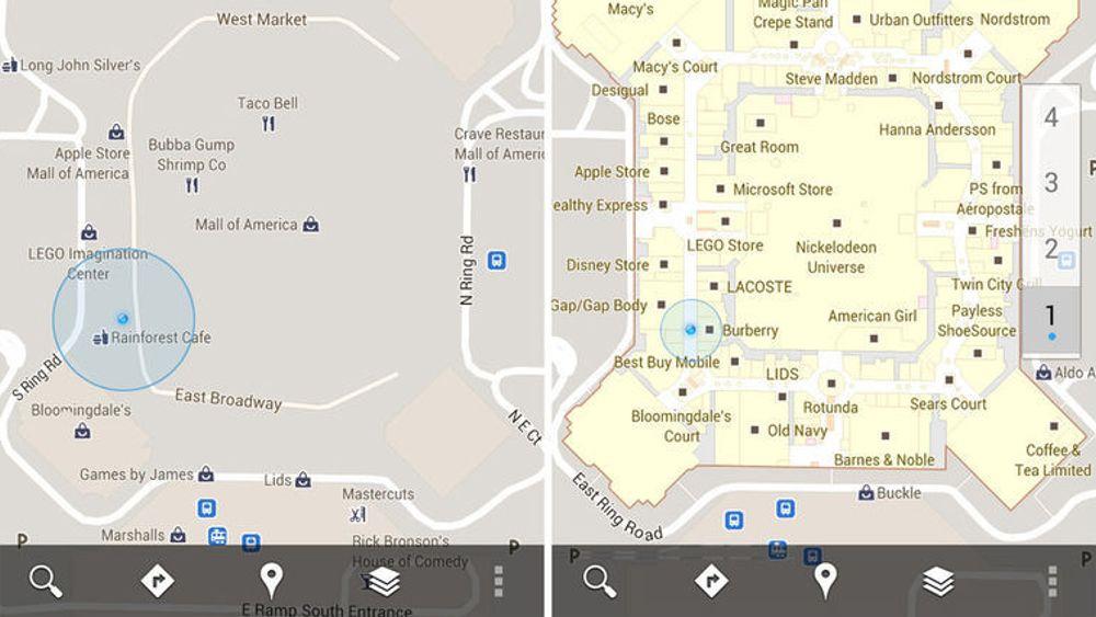 Mall of America, slik det ble vist i Google Maps for Android tidligere og slik det vises i versjon 6.0. Til høyre sees etasjevelgeren.