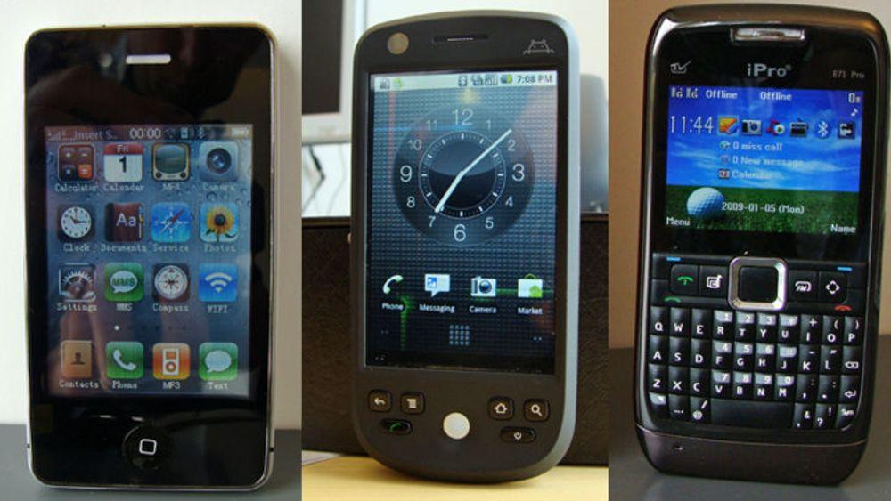 Eksempler på mobiltelefoner som Post- og teletilsynet har stanset omsetningen av: (f.v.) SciPhone i68, Eclipse H6, iPro E71. De etterlikner kjente merkevarer samtidig som de er av dårlig kvalitet og mangler merking.