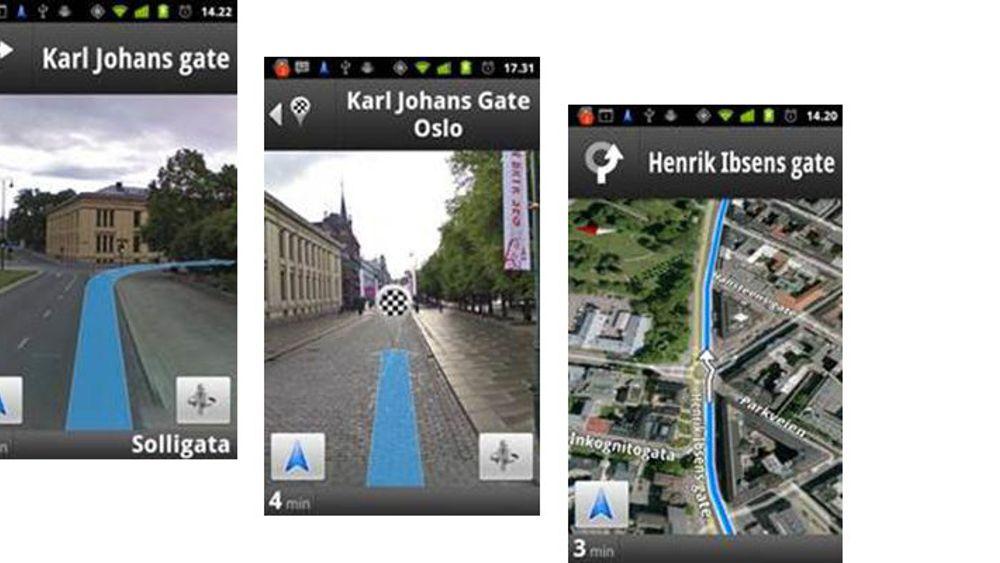 Eksempler på skjermbilder fra en Android-mobil som kjører Google Maps Navigation i Oslo.