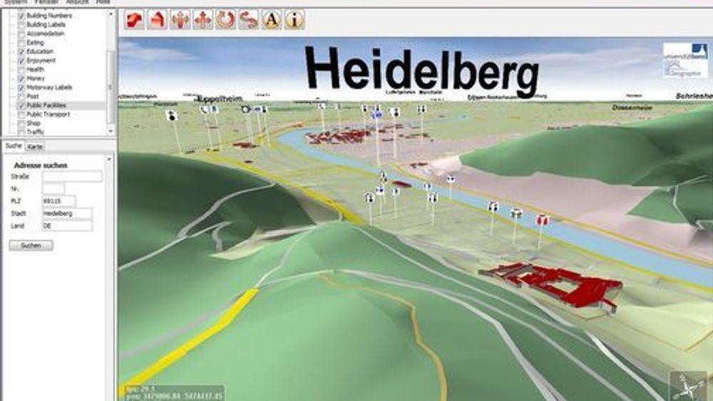 Heidelberg i Tyskland som presentert av OpenStreetMap 3D-tjenesten.