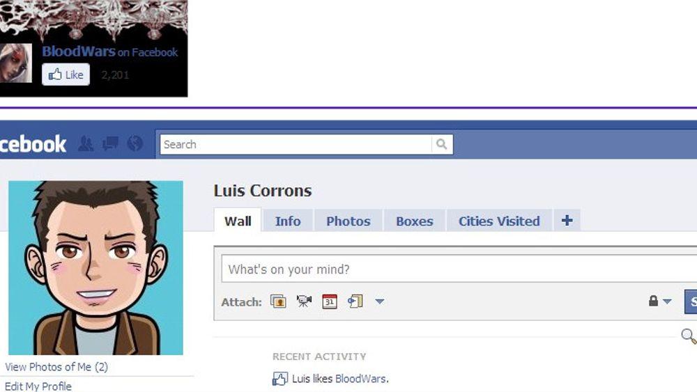 Disse skjermdumpene viser hvordan «Like»-knappen på Facebook er ment å fungere. Øverst: Knappen slik den vises på nettsiden til spillet BloodWars. Nederst: Oppdateringen av Facebook-siden til Luis Corrons utløst av klikket på Like-knappen: På «Wall», under «Recent Activity», opplyses det at «Luis likes BloodWars».