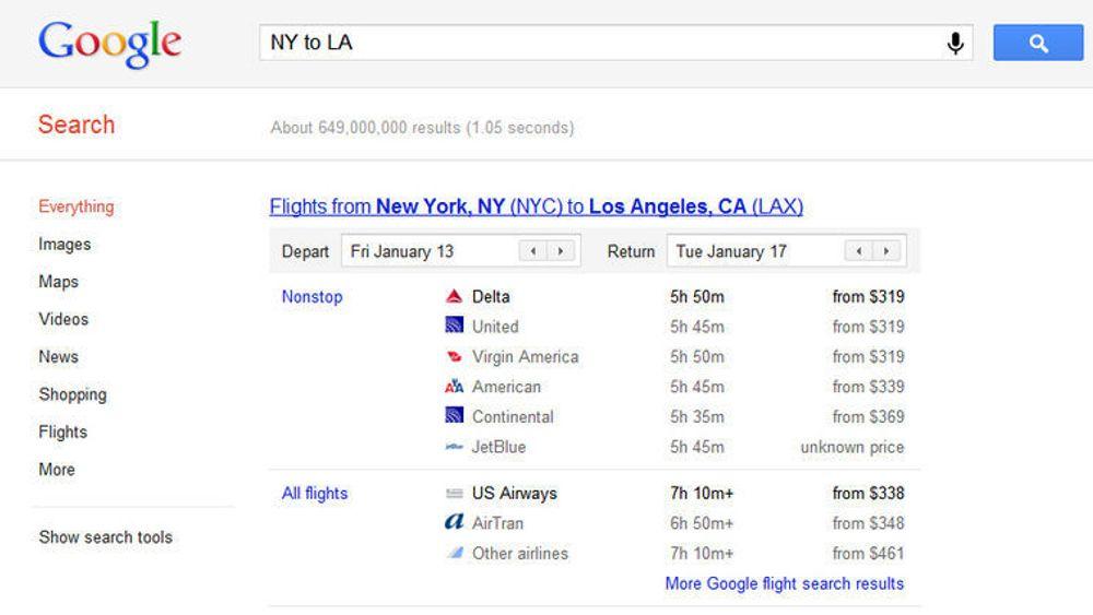 Ved søk etter flyreiser i Google, kommer Googles egen tjeneste opp øverst på resultatsiden. Foreløpig støtter den kun innenlandsreiser i USA.