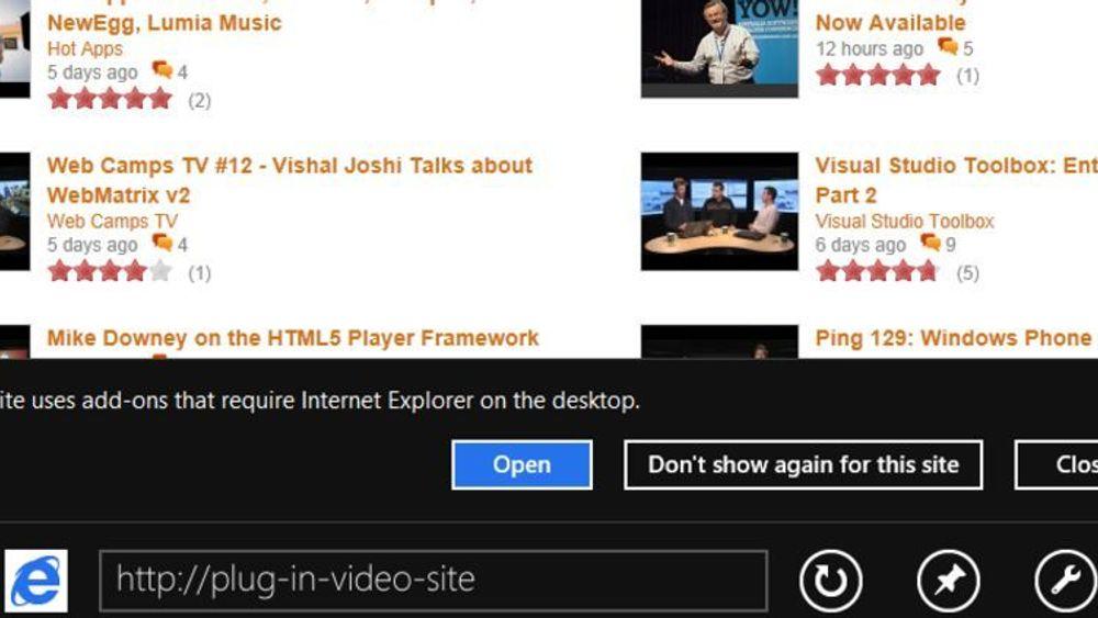 Metro-utgave av Internet Explorer i Windows 8 vil vise brukeren denne dialogen dersom nettstedet gjør det klart at det ikke kan brukes med full funksjonalitet uten at nettleseren støtter plugins.