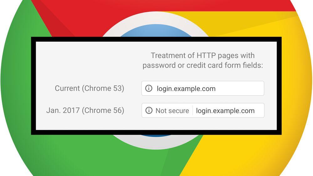 Fra og med versjon 56 skal Google Chrome advarer brukerne dersom de står i fare for å gi fra seg passord- eller kredittkortinformasjon til ukrypterte websider.