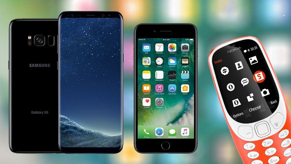 Dette er blant de mest solgte mobiltelefonene i juni. Fra venstre: Samsung Galaxy S8, iPhone 7 og Nokia 3310 (2017).
