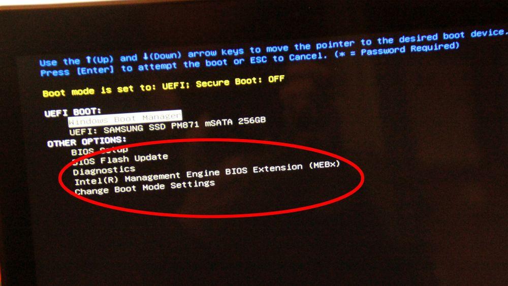 Problemet er knyttet til Intel Management Engine BIOS Extention, som er tilgjengelig under oppstarten av pc-en. Bildet viser at valget finnes i boot-meny til en bærbar Dell-pc.