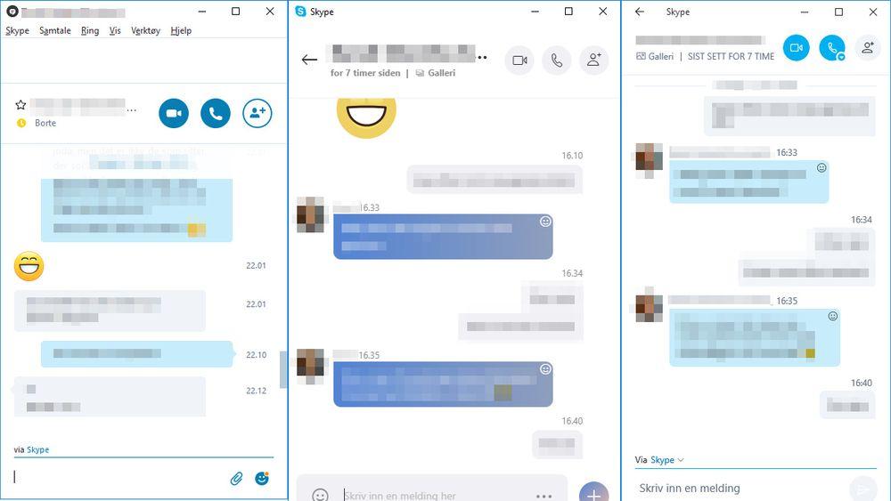 Samtalevinduene i (f.v) Skype 7, Skype 8 og Skype 12.