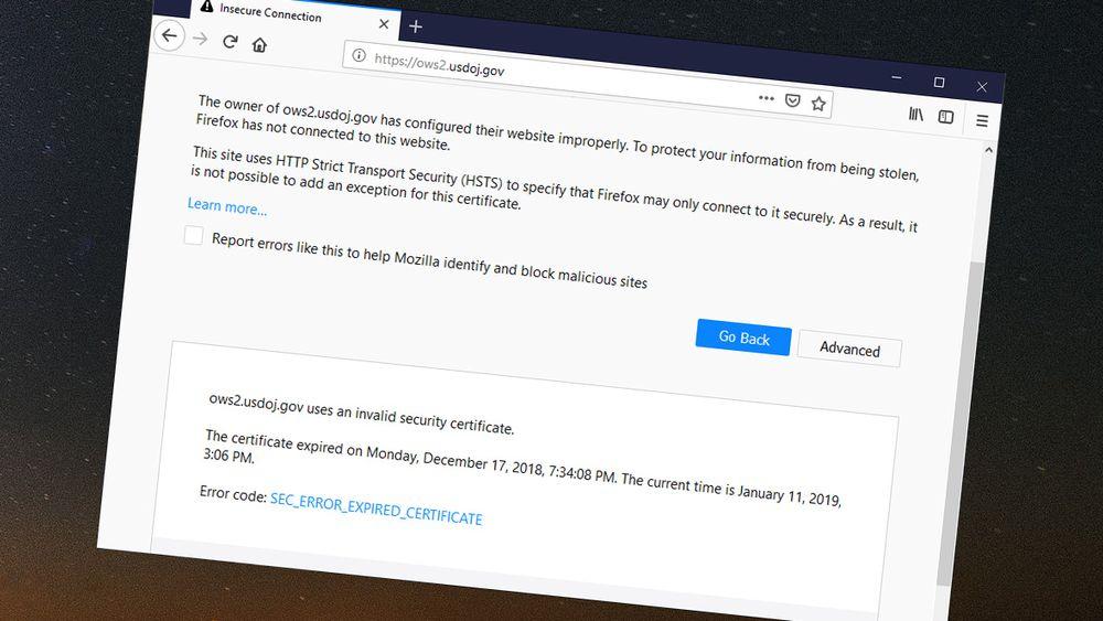 I Firefox er det ingen måte å komme inn på dette nettstedet fordi sertifikatet er utløpt og det benytter nyere sikkerhetsteknologi.