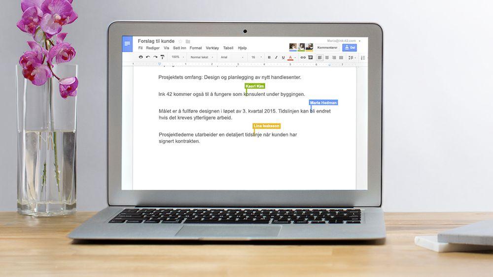 Google Docs utvides snart med funksjonalitet som vil være nyttig for mange. Illustrasjonsbildet viser noe av samarbeidsfunksjonaliteten i tjenesten.