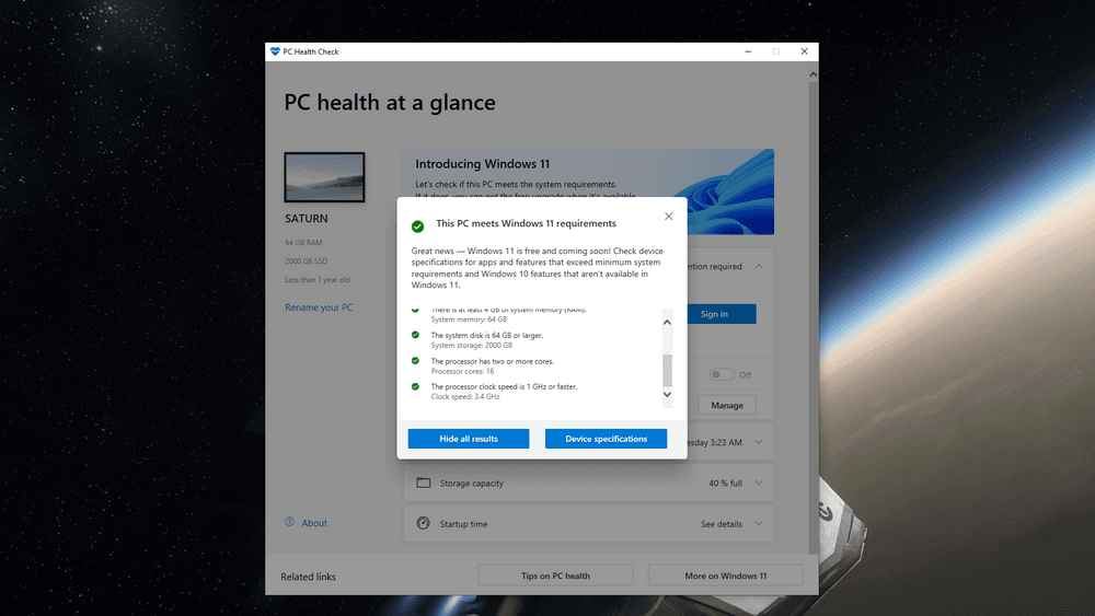 Denne PC-en støtter Windows 11 fullt ut, men hvis det ikke var tilfelle, ville PC Health Check gitt beskjed om hva som manglet.