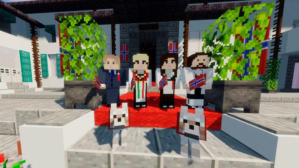 Kronprinsfamilien skal delta på en julefeiring i dataspillet Minecraft. Klokka 10 skal blant annet Kronprinsen holde tale. Her avbildet i dataspillet i anledning 17. mai i år.